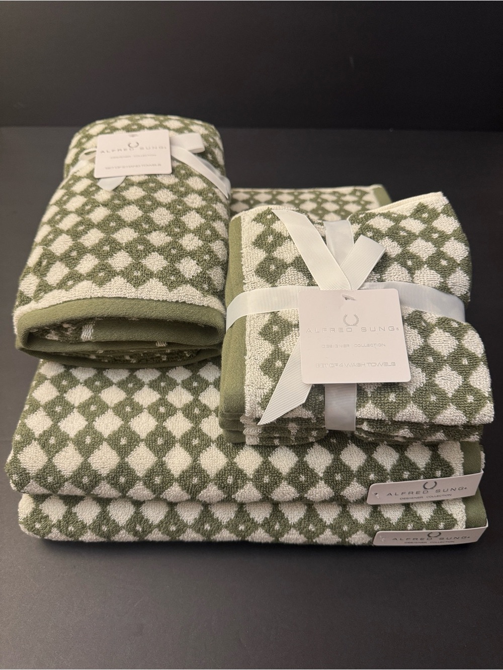 8pc ALFRED SUNG 100% Cotton Diamond Pattern Bath Towel Set - Olive Green/White